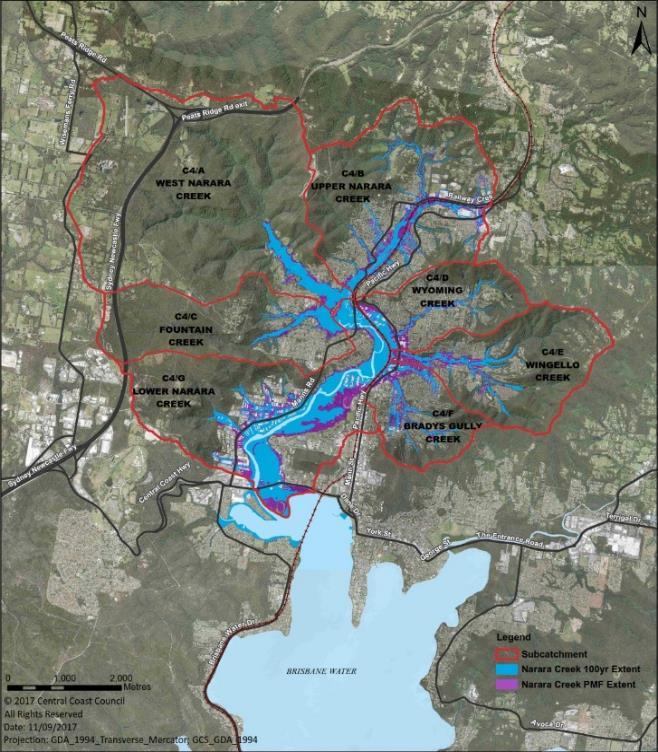 Aerial map view of creek catchment area