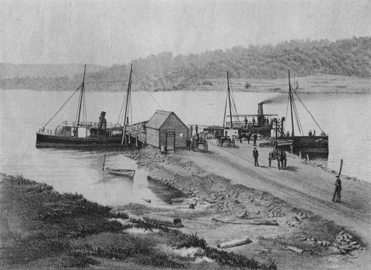 Black and white drawing of a wharf and steamships 