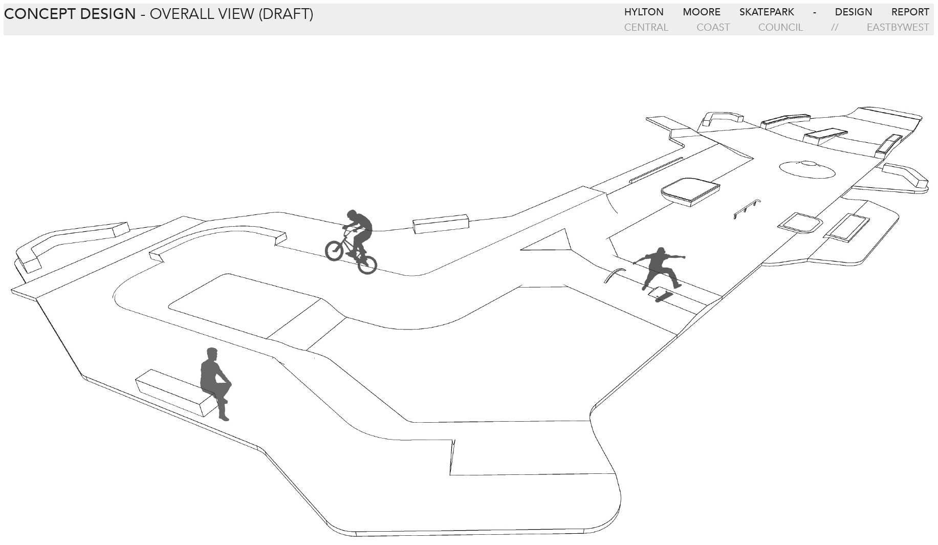 Drawing of skatepark design with figures skateboarding. 