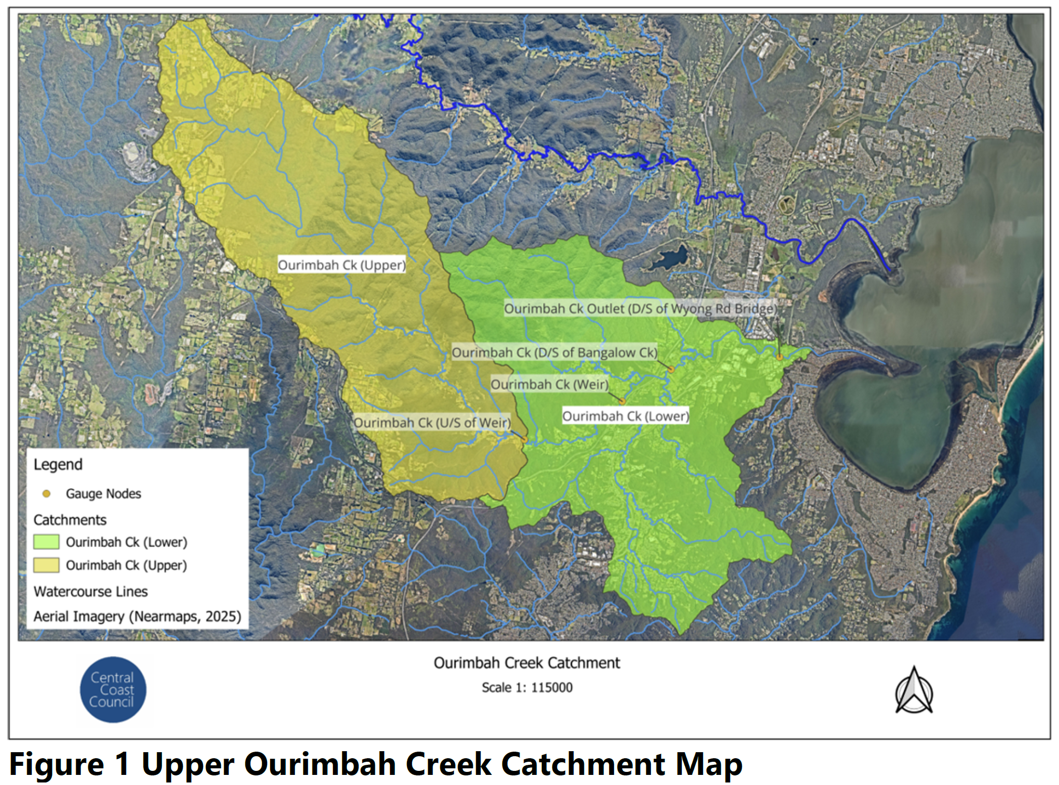 Map of the Upper Ourimbah Creek Catchment, showing the Ourimbah Creek Lower in green, and Ourimbah Creek Upper in Yellow