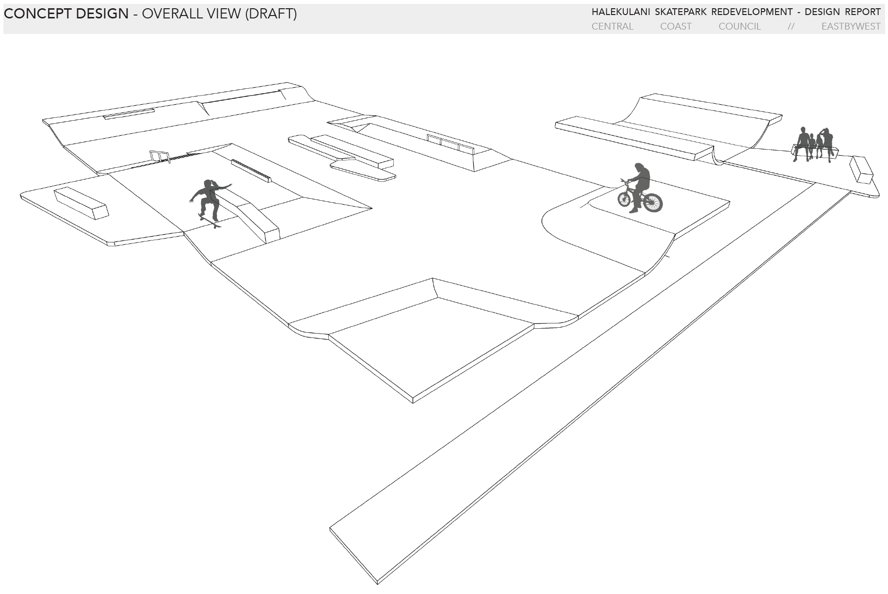 Drawing of skatepark design with figures skateboarding and sitting. 