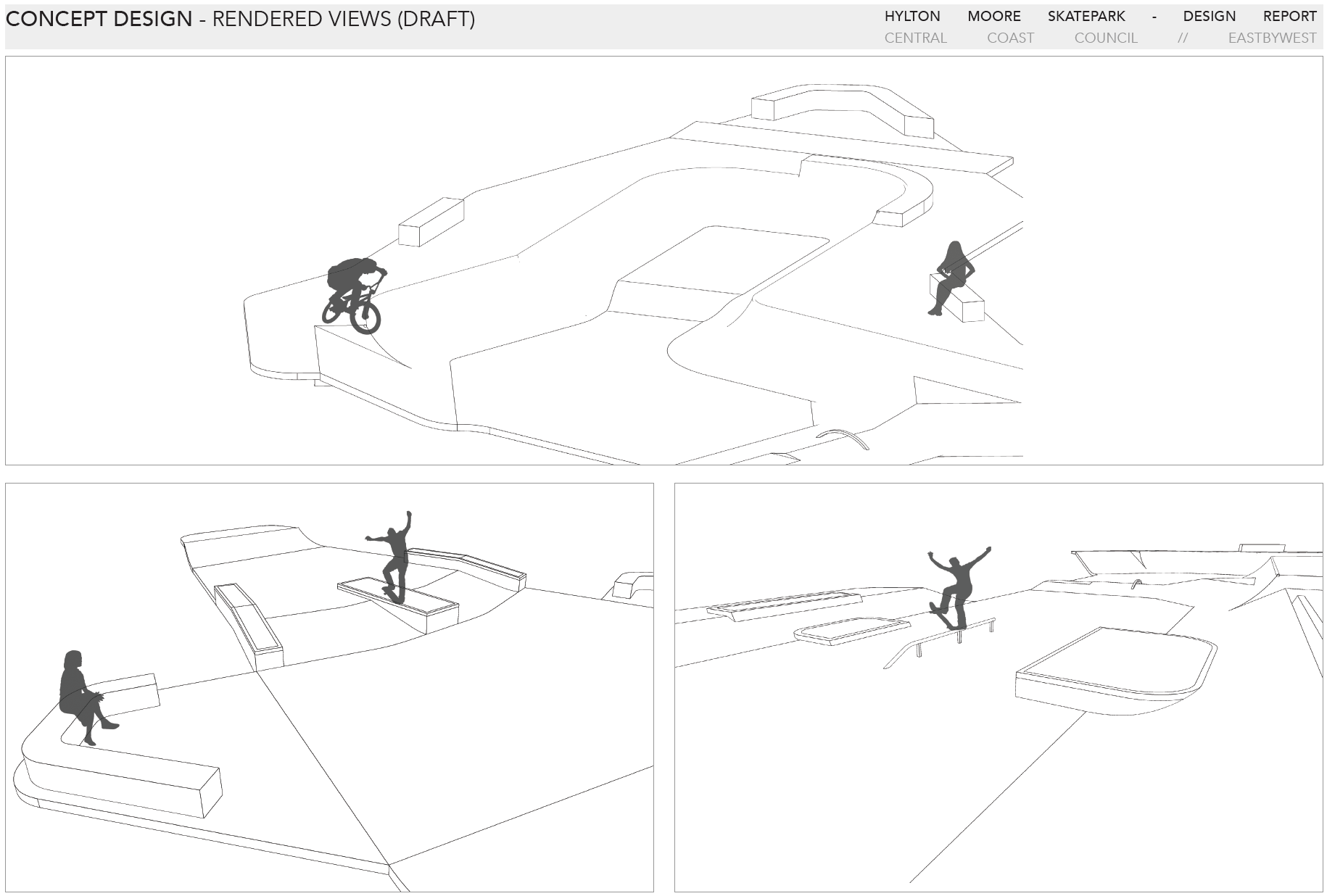 Drawing of skatepark design with figures skateboarding. 
