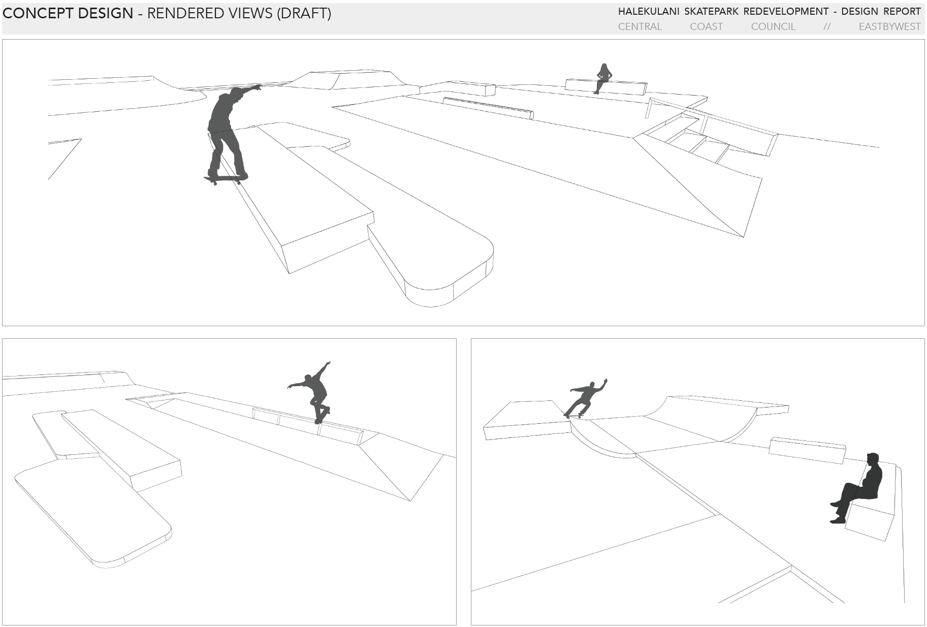 Drawing of skatepark design with figures skateboarding. 