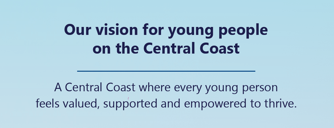 A blue background image with the text: Our vision for young people on the Central Coast A Central Coast where every young person feels valued, supported and empowered to thrive.