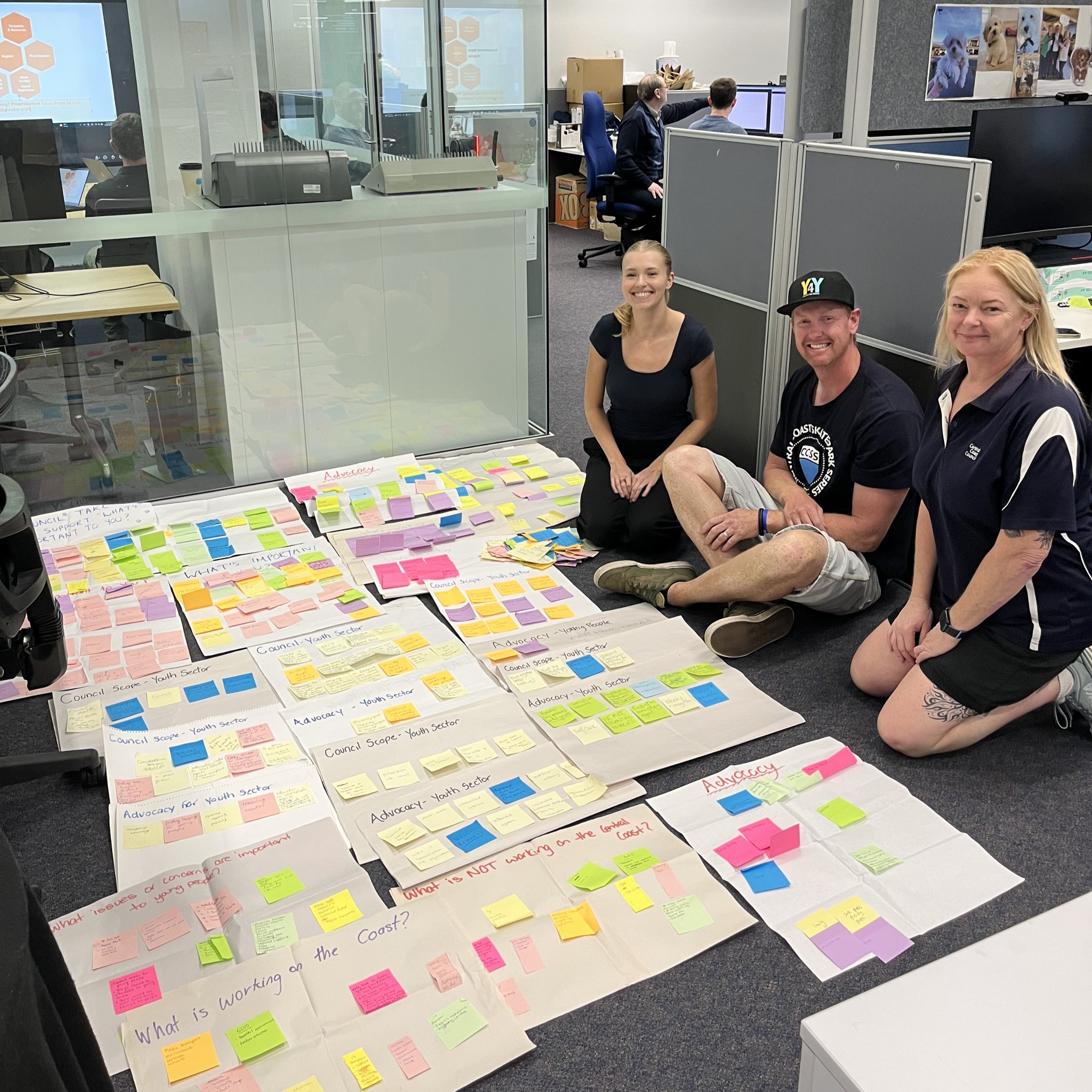 Two women and a man crouched on the floor, which is covered with workshop sheets full of post it note feedback. 