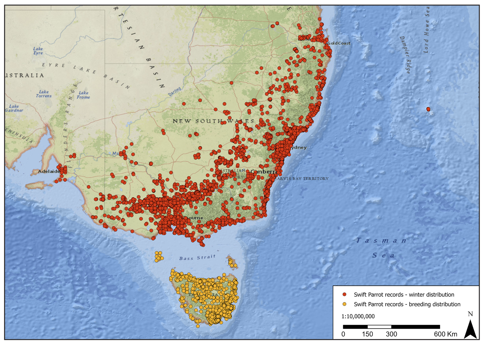 Swift Parrot breeding and winter distribution
