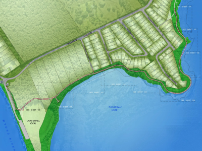 an illustrated image of a concept design. A continuous pathway outlines a forshore area.